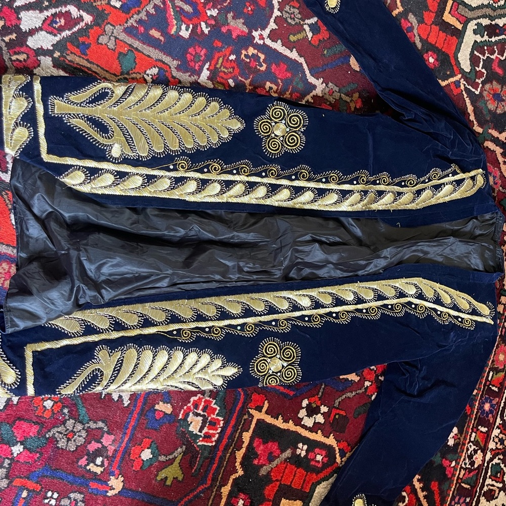 Elegant Navy and Gold Embroidered coat chapan from Tajikistan.